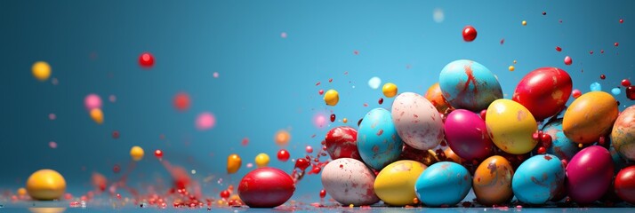 Obraz na płótnie Canvas Vibrant Easter Eggs Banner Flying in the Blue Sky, Embracing the Joy of the Festive Season