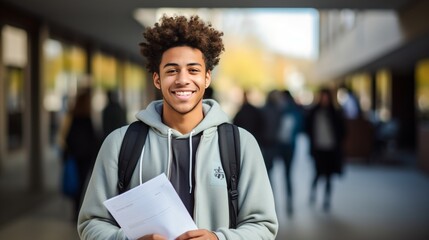 Happy African American student holding exam paper in college campus - obrazy, fototapety, plakaty