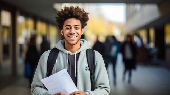 Happy African American student holding exam paper in college campus