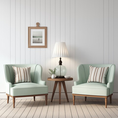 Modern living Room Interior space 2 chairs Mint green with wood tones, empty wall art space