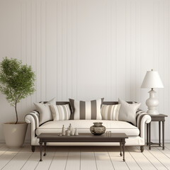 Modern white living room mochup blank wall space. White and beige with gray accents