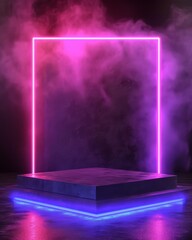 Abstract neon banner with pedestal 3d podium with blue neon square