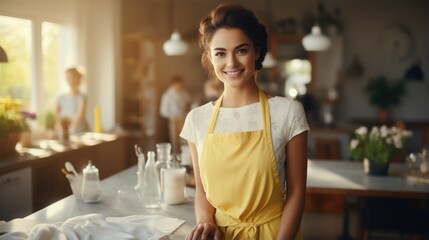 Portrait of a smiling woman in a yellow apron standing in a kitchen - obrazy, fototapety, plakaty