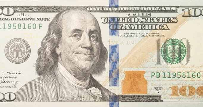 Benjamin Franklin on hundred dollar bill usd. Facial expressions of United States president. Smile face blink, happy. Funny character animation of the USA money. Finance Business Investment concept