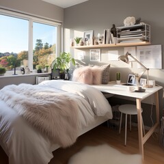 A cozy bedroom with a large window and a desk