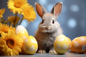Fototapeta na wymiar Easter Bunny, Eggs, and Yellow Flowers on Sunny Spring Background with Space for Holiday Greeting