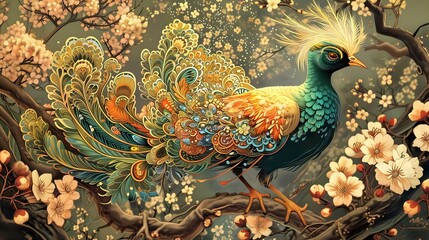 Obraz premium Majestic Illustrated Peacock With Vibrant Feathers Amidst Blooming Flowers. Stylized ornamental wallpaper. Bird Wallpaper.