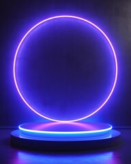 Abstract neon banner with pedestal 3d podium with blue neon square