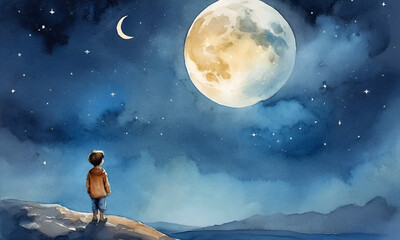  Good night, sweet dreams. Children watercolor illustration, poster with little boy and the moon. Ai illustration, fantasy digital painting