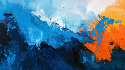 Fond de mur avec traces de peintures, couleurs bleu et orange. Mouvement. Artistique. Fond pour bannière, création et conception graphique.	