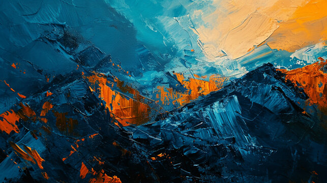 Fond de mur avec traces de peintures, couleurs bleu et orange. Mouvement. Artistique. Fond pour bannière, création et conception graphique.	