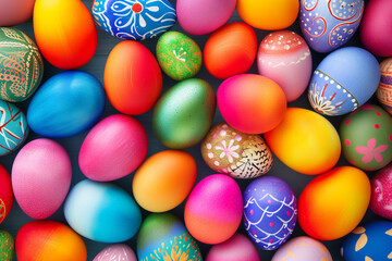 Fototapeta na wymiar A vibrant collection of Easter eggs in various bright colors and patterns densely packed together