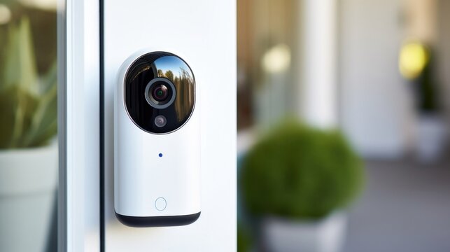 Closeup of a security camera, streaming live footage of a smart homes front door on a smartphone.