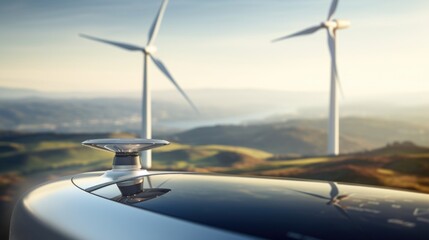 Closeup of the top of a wind turbine, with an impressive view of the surrounding landscape. - obrazy, fototapety, plakaty