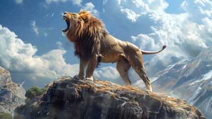 Lion roaring on the cliff.  - obrazy, fototapety, plakaty