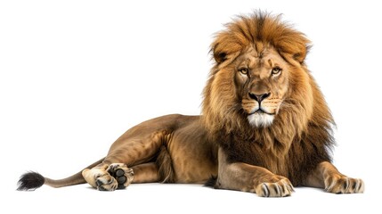 Male adult lion lying down, Panthera leo, isolated on white 