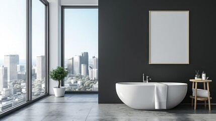 Fototapeta na wymiar Modern bathroom interior with city view and blank poster on wall. Design and style concept 