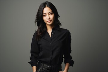 Portrait of a beautiful asian businesswoman in black shirt on grey background