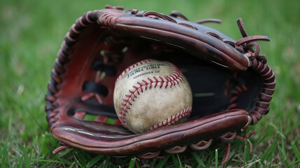 New Baseball in a Glove in the Outfield 