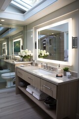 Modern bathroom interior with large mirror and double vanity - obrazy, fototapety, plakaty