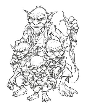 one line The Goblin Family - Coloring Book ,white background