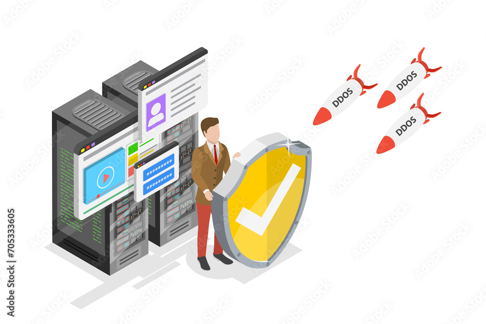 Aufkleber 3d isometric flat conceptual illustration of ddos attack, hackers attacking server or database
