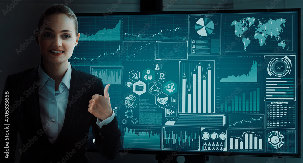 Poster data analysis for business and finance concept. interface showing future computer technology of prof