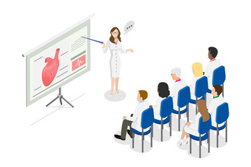 3D Isometric Flat  Conceptual Illustration of Medical Conference, Healthcare Training Seminar