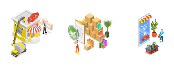 3D Isometric Flat  Conceptual Illustration of Retail Business, Sale Goods and Services to Consumers