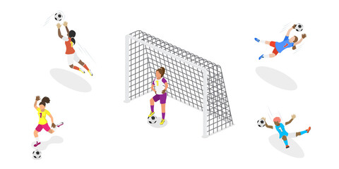 3D Isometric Flat  Set of Female Soccer Characters, Girl Football Players