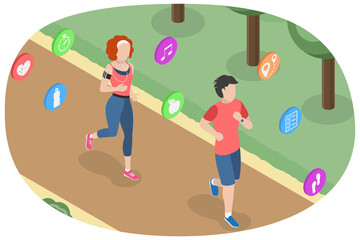 3D Isometric Flat  Conceptual Illustration of Morning Jogging, Active and Healthy Lifestyle