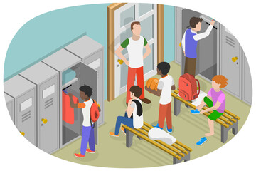 3D Isometric Flat  Conceptual Illustration of Locker Room in Gym, Player Sitting on Bench