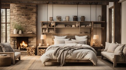 Cozy bedroom with fireplace and woodsy elements