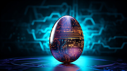 Futuristic egg set against a digital blue backdrop, merging tradition and innovation in a captivating display