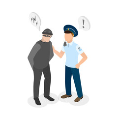 3D Isometric Flat Conceptual Illustration of Security Guard, Police Officer Caught a Robber