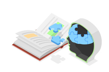 3D Isometric Flat  Conceptual Illustration of Psychological Education, Reading, Studying and Knowledge