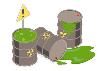 3D Isometric Flat  Conceptual Illustration of Radioactive Contamination, Barrels of Chemical Waste © TarikVision