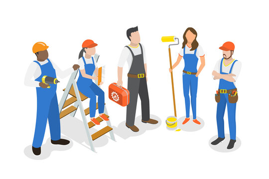 3D Isometric Flat  Conceptual Illustration of Team Of Workers , Set of Working Professions
