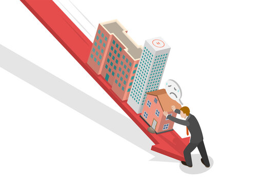 3D Isometric Flat  Conceptual Illustration of Real Estate And Property Market Crash, Housing Prices Falling Down
