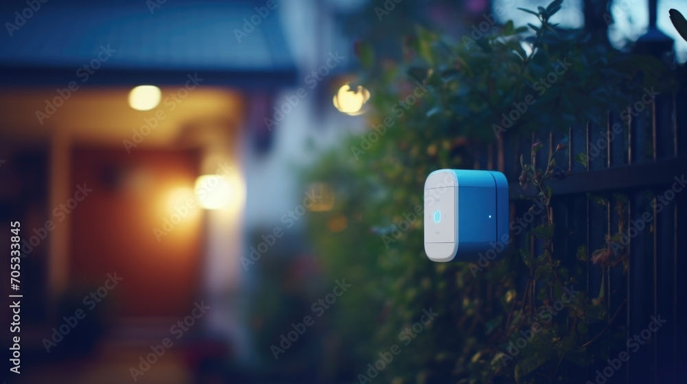 Poster closeup of a motion sensor, detecting movement and triggering a smart homes exterior lights to turn 