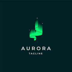 green aurora borealis logo, modern northern lights sky aurora and stars icon logo design illustration