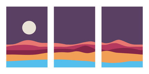 Abstract landscape collage with Full moon and purple mountains, and pink, orange and light blue with dark purple sky. Vector illustration on transparent background.