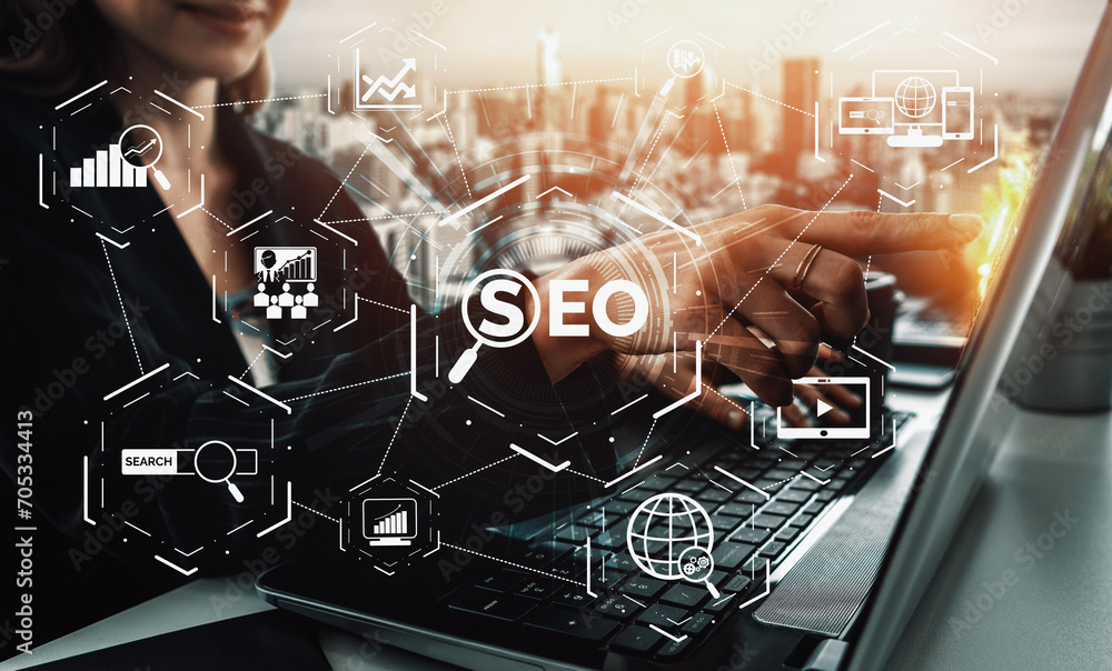 Poster seo - search engine optimization for online marketing concept. modern interface showing symbol of ke