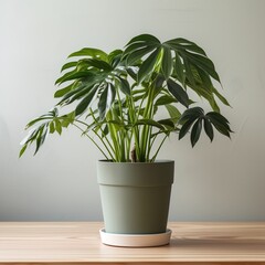 A beautiful Monstera deliciosa plant in a green pot on a wooden table