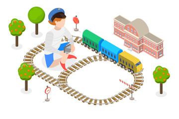 3D Isometric Flat  Conceptual Illustration of Playing With Toy Railway Road, Children Transport Game © TarikVision