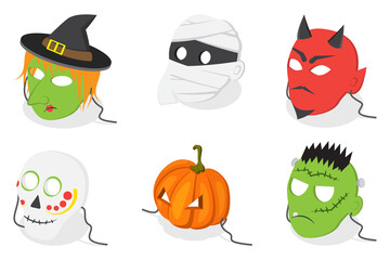 3D Isometric Flat  Set of Halloween Face Masks, Carnaval Costumes