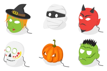 Fotobehang 3D Isometric Flat  Set of Halloween Face Masks, Carnaval Costumes © TarikVision