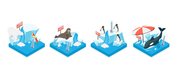 3D Isometric Flat Conceptual Illustration of Global Warming, Ice Melting, World Climate Changing