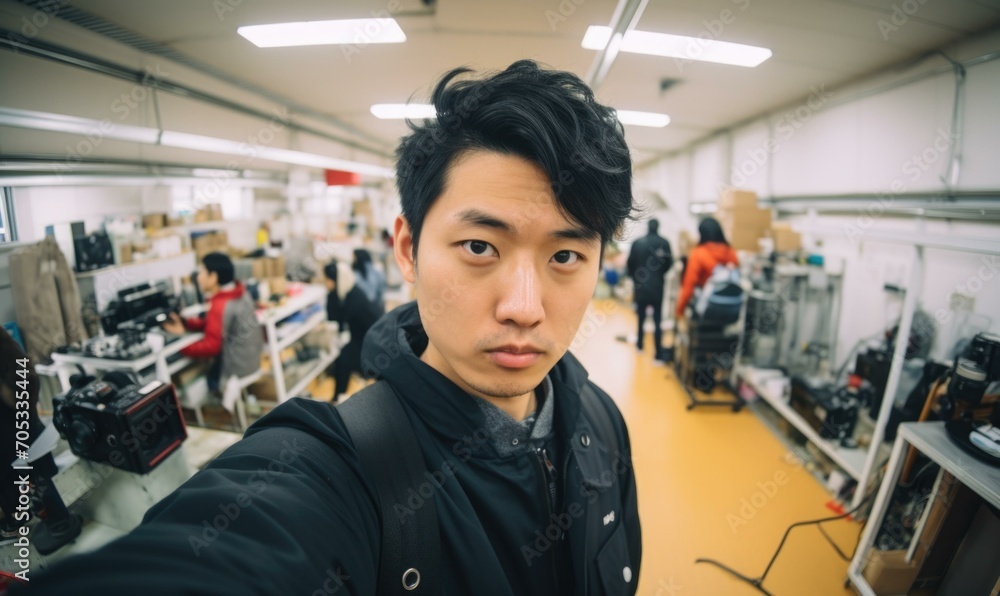 Poster a man taking a selfie in a factory. generative ai.