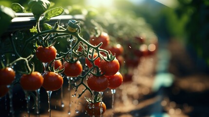 Close-up of ripe tomatoes growing in a greenhouse - obrazy, fototapety, plakaty
